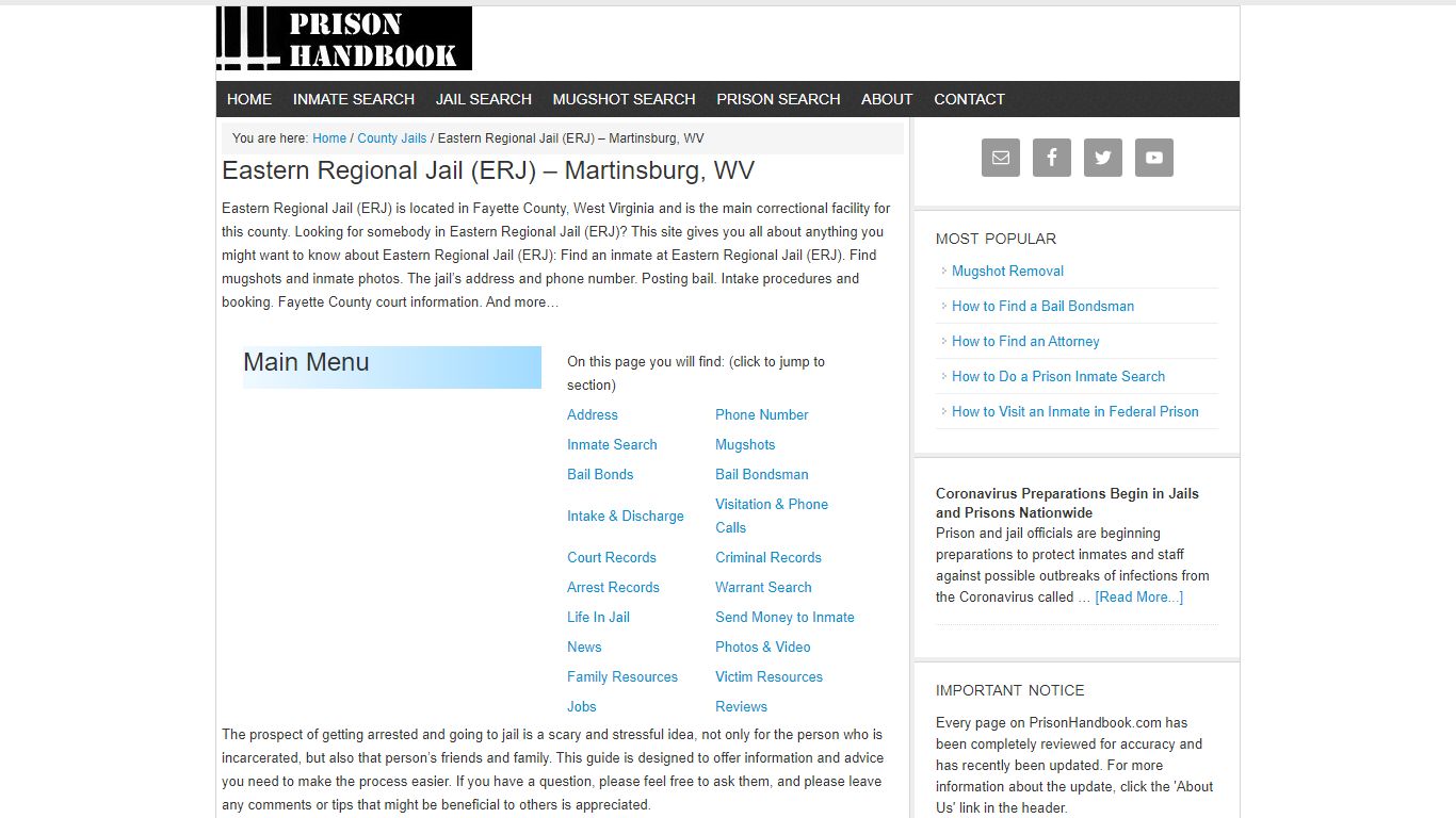 Eastern Regional Jail (ERJ) – Martinsburg, WV - Prison Handbook
